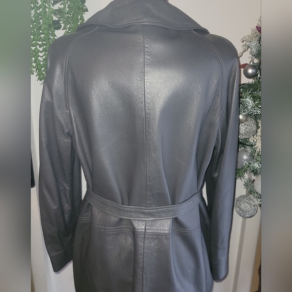 Vintage Grey Leather Mid-length Belted Trench Coat - Picture 8 of 10